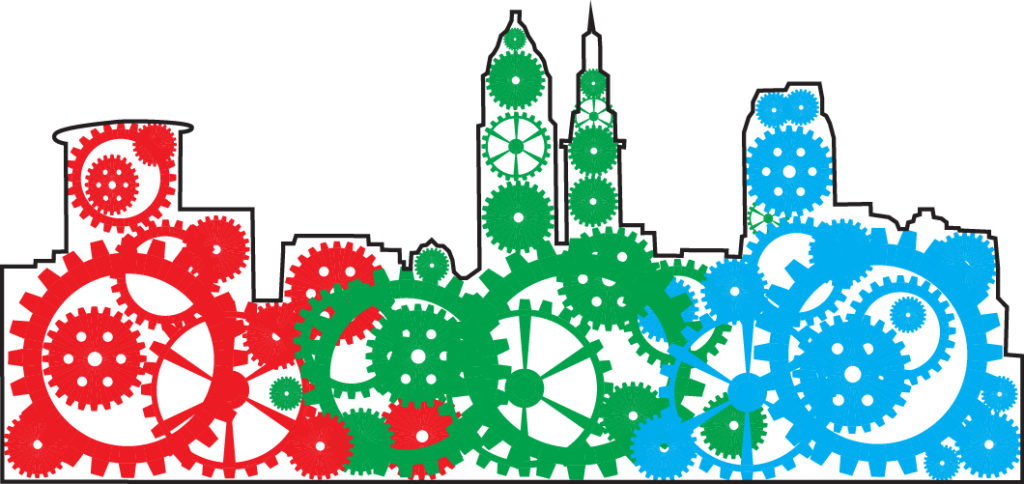 Outline of Cleveland skyline, filled in with red, green, and blue gears