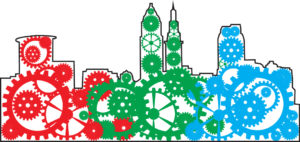 Cleveland Tech Consulting logo - Outline of the Cleveland skyline with red, green, and blue gears of various sizes within the outline